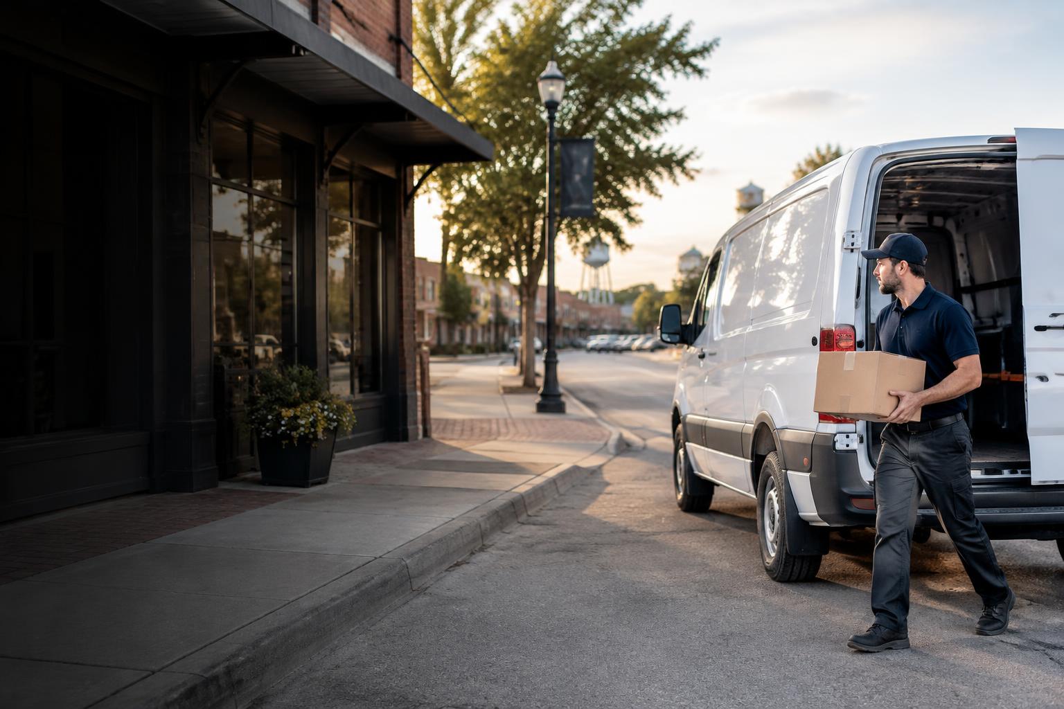 Courier loading a parcel into a delivery van outside a local business
